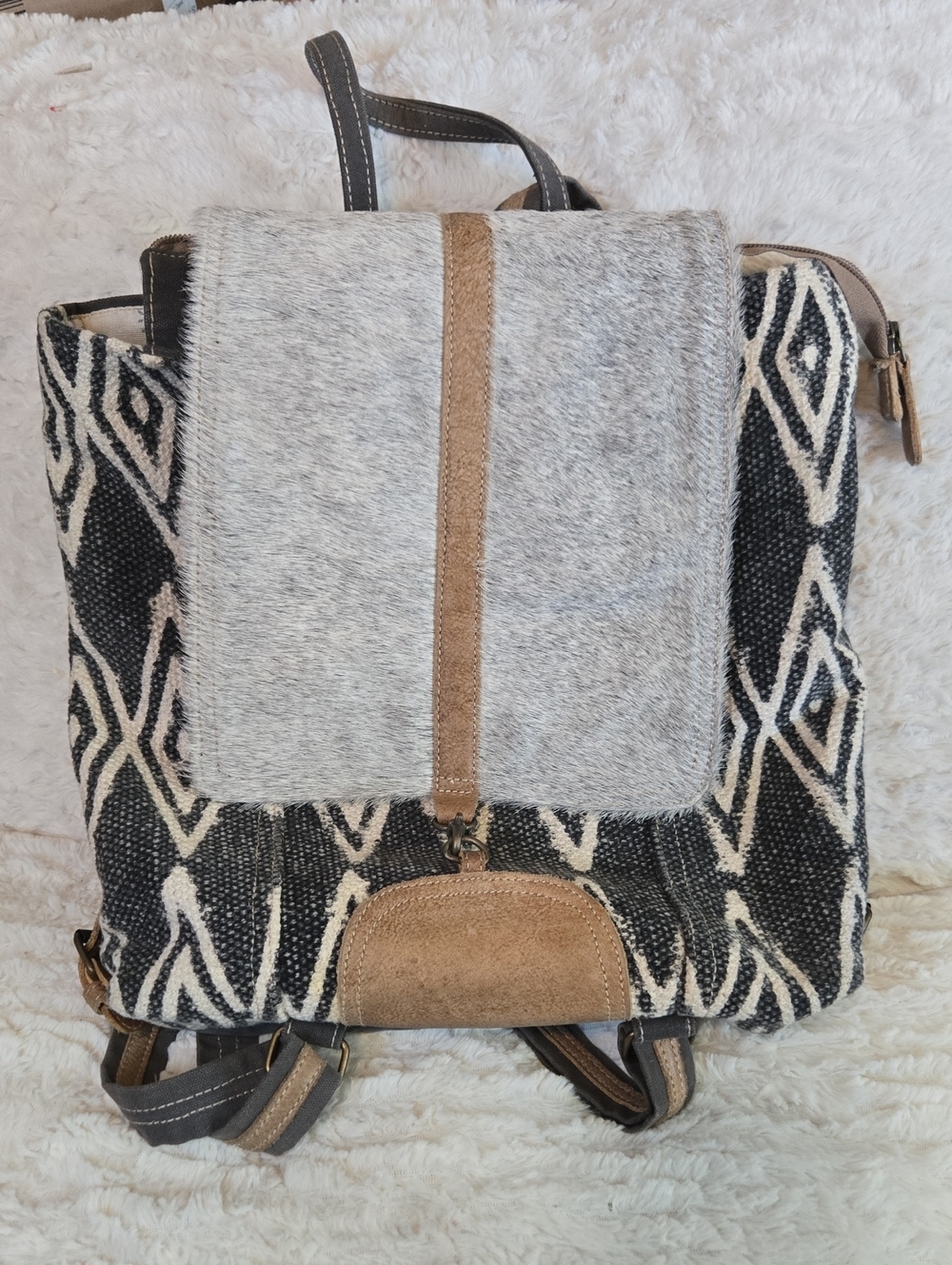 Myra Bag Black & White Geometric Backpack with Tan Trim